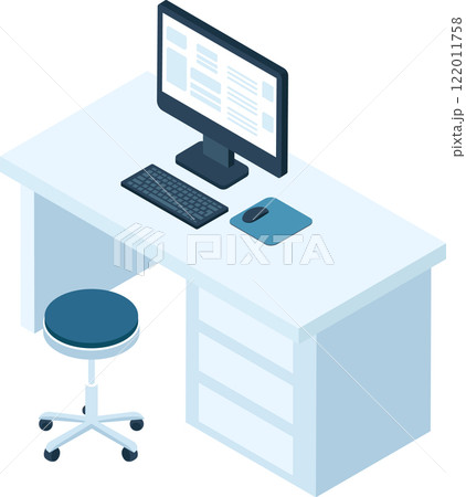 Isometric view of a workspace featuring a computer displaying data on its monitor, a keyboard, a mouse, and a rolling stool, suggesting a productive and organized office environment Isometric view of a workspace featuring a computer displaying data on its monitor, a keyboard, a mouse, and a rolling stool, suggesting a productive and organized office environment 122011758