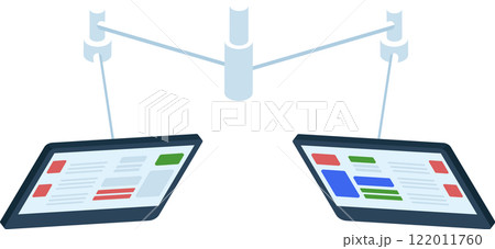 Two digital tablets displaying marketing data analysis are hanging from a central pole, representing a modern and connected approach to data visualization and business decision making 122011760