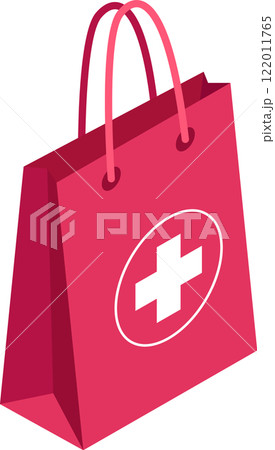 Isometric view of a vibrant red shopping bag featuring a prominent white medical cross symbol, ideal for representing pharmacy shopping, healthcare products, or medical supplies 122011765