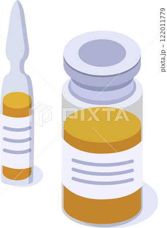 Isometric view of a glass ampoule and a small medicine bottle containing a yellow liquid, possibly representing a newly discovered vaccine or treatment for a disease Isometric view of a glass ampoule and a small medicine bottle containing a yellow liquid, possibly representing a newly discovered vaccine or treatment for a disease 122011779