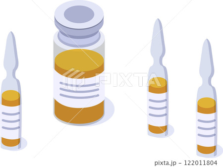 Glass ampoules and vials containing orange liquid medicine, with blank labels for adding information, are arranged on a white background, creating a medical and healthcare related scene 122011804