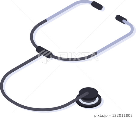 Medical instrument stethoscope laying on a white surface, useful for doctors and nurses for auscultating patients, in a modern isometric view 122011805