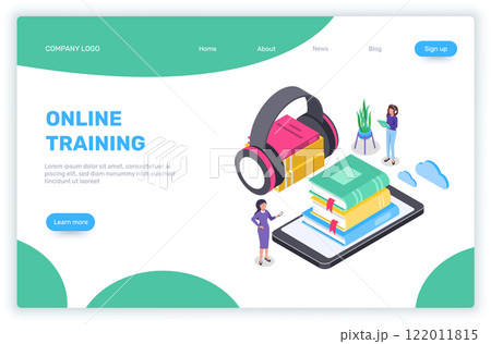 Two female students are using a smartphone with headphones and a stack of books to learn with online training courses, in this isometric illustration for e learning and knowledge concept 122011815