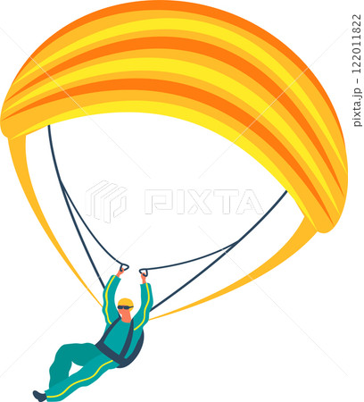 Skydiver wearing sunglasses and protective suit flying with yellow and orange parachute gliding through the air on a sunny day enjoying extreme sport activity Skydiver wearing sunglasses and protective suit flying with yellow and orange parachute gliding through the air on a sunny day enjoying extreme sport activity 122011822