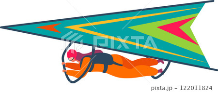 Hang glider pilot soaring through the sky, skillfully controlling the glider with hands, dressed in a vibrant orange suit and helmet, embracing the thrill of extreme sports Hang glider pilot soaring through the sky, skillfully controlling the glider with hands, dressed in a vibrant orange suit and helmet, embracing the thrill of extreme sports 122011824
