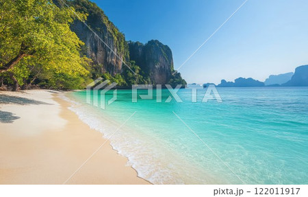 Beautiful tropical beach with clear turquoise waters and soft sandy beaches. 122011917