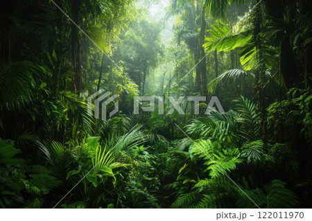 Tropical forest in darkness, with a dense and mysterious atmosphere. 122011970