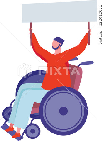 Young man with a beard sitting in a wheelchair, holding a blank banner during a protest, advocating for rights and fighting for equality in society Young man with a beard sitting in a wheelchair, holding a blank banner during a protest, advocating for rights and fighting for equality in society 122012021