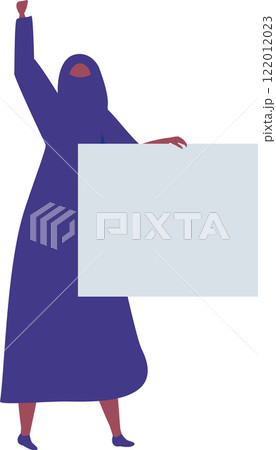 Muslim woman in a purple abaya and hijab, holding a blank placard and raising her fist, passionately protesting for rights, freedom, and equality in a powerful demonstration Muslim woman in a purple abaya and hijab, holding a blank placard and raising her fist, passionately protesting for rights, freedom, and equality in a powerful demonstration 122012023