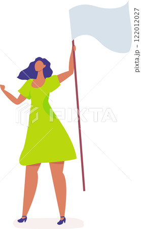 Young woman holding blank white flag is leading protest, fighting for human rights and equality, demonstrating for freedom and justice, expressing her beliefs and values 122012027