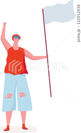 Young activist with raised fist holding white flag, participating in demonstration for peace and human rights, expressing their beliefs and fighting for social justice Young activist with raised fist holding white flag, participating in demonstration for peace and human rights, expressing their beliefs and fighting for social justice 122012038