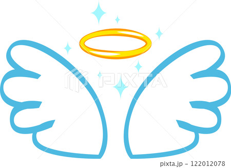 Cartoon drawing featuring angel wings and a halo radiating bright light, symbolizing purity, spirituality, and a divine presence in a serene and celestial atmosphere 122012078