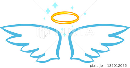 Cartoon depiction of angel wings and a halo radiating with bright sparkles, symbolizing purity, innocence, spirituality, love, hope, and unwavering faith 122012086