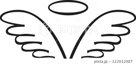 Elegant line art illustrating angel wings paired with a halo, embodying themes of spirituality, grace, and divine presence while evoking feelings of purity and hope Elegant line art illustrating angel wings paired with a halo, embodying themes of spirituality, grace, and divine presence while evoking feelings of purity and hope 122012087