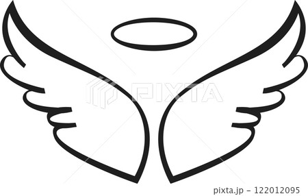 Simple black and white drawing of angel wings and halo representing spirituality, purity, love, freedom, hope, innocence, peace, and good versus evil Simple black and white drawing of angel wings and halo representing spirituality, purity, love, freedom, hope, innocence, peace, and good versus evil 122012095