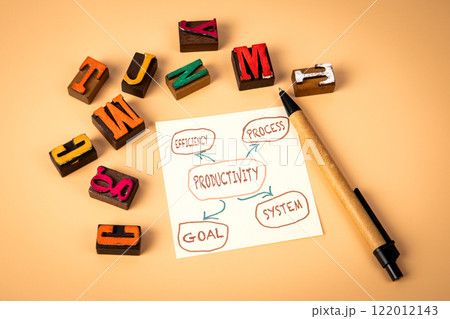 PRODUCTIVITY EFFICIENCY PROCESS GOAL SYSTEM. Notepad and wooden alphabet letters on a light 122012143