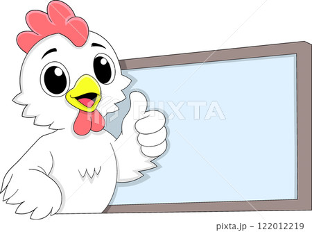 Cartoon Chicken Giving Thumbs Up Next to Blank Board for Promotions 122012219