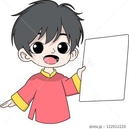 Cartoon Chinese Boy Holding Blank Board for Chinese New Year Celebration 122012220