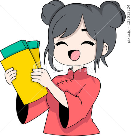 Cartoon Girl Celebrating Chinese New Year Holding Angpao Envelopes 122012224