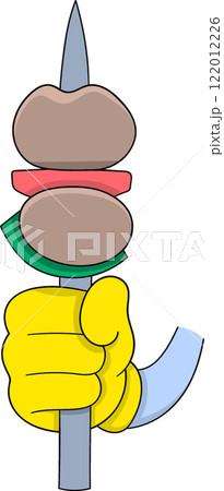 Cartoon Hand Holding Delicious Skewer with Vegetables and Meat 122012226
