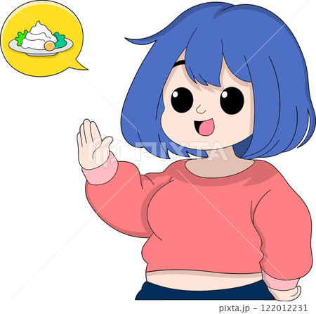 Cartoon Overweight Girl Gesturing to Refuse Food Representing Intermittent Fasting Diet 122012231
