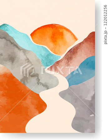 Abstract landscape painting depicting an orange sun rising over a range of colorful watercolor mountains with a creamy river flowing through, creating a serene and artistic scene 122012256