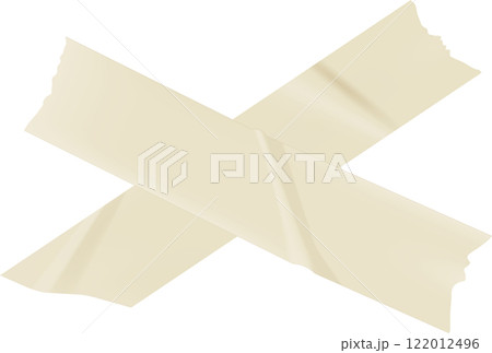 Two pieces of beige masking tape are crossing each other, forming an X shape against a white background, creating a simple yet visually striking image 122012496