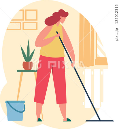 Housewife is washing floor with mop and bucket, cleaning company worker is using cleaning equipment to clean house, woman is doing housework, house cleaning service 122012516