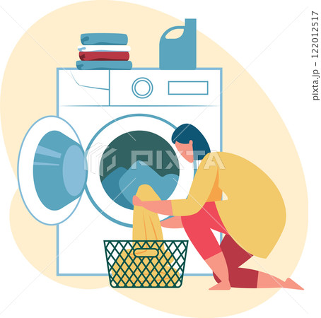Housewife is taking clean clothes out of washing machine, putting laundry into basket, using liquid detergent, doing housework and household chores 122012517