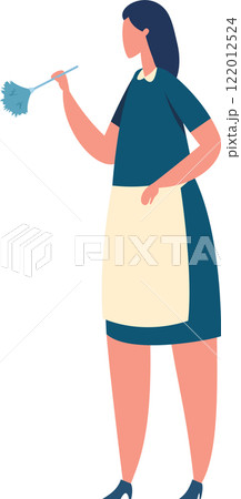 Cleaning lady wearing uniform and apron holding feather duster cleaning house, maid dusting furniture, housekeeping, hygiene and cleanliness concept Cleaning lady wearing uniform and apron holding feather duster cleaning house, maid dusting furniture, housekeeping, hygiene and cleanliness concept 122012524