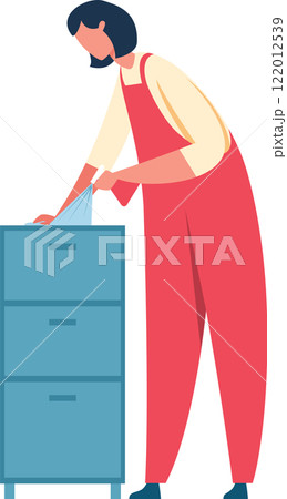 Office worker wearing an apron cleaning a filing cabinet with a microfiber cloth, performing routine chores for a clean and organized workspace Office worker wearing an apron cleaning a filing cabinet with a microfiber cloth, performing routine chores for a clean and organized workspace 122012539