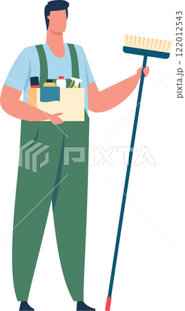Professional cleaning service worker wearing a uniform, holding a box filled with various cleaning products and a broom, is prepared to tackle cleaning tasks with efficiency Professional cleaning service worker wearing a uniform, holding a box filled with various cleaning products and a broom, is prepared to tackle cleaning tasks with efficiency 122012543