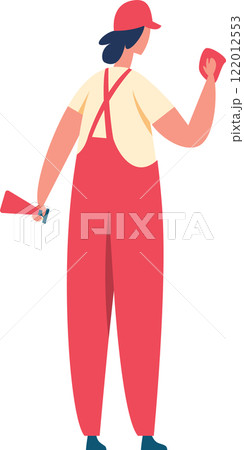 Female gas station worker wearing red overalls and cap cleaning windshield with spray bottle and cloth, seen from behind, full length portrait on white background Female gas station worker wearing red overalls and cap cleaning windshield with spray bottle and cloth, seen from behind, full length portrait on white background 122012553
