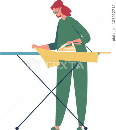 Redhead woman wearing glasses and casual clothes using an iron to smooth out wrinkles on a yellow cloth on an ironing board, household chores concept Redhead woman wearing glasses and casual clothes using an iron to smooth out wrinkles on a yellow cloth on an ironing board, household chores concept 122012710