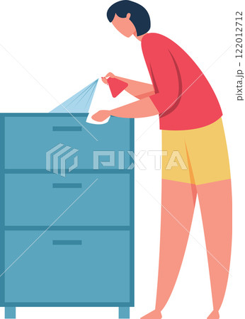 Housekeeper spraying disinfectant on furniture while wiping surfaces with a cloth, maintaining cleanliness and hygiene in both home and office environments for optimal health and safety Housekeeper spraying disinfectant on furniture while wiping surfaces with a cloth, maintaining cleanliness and hygiene in both home and office environments for optimal health and safety 122012712