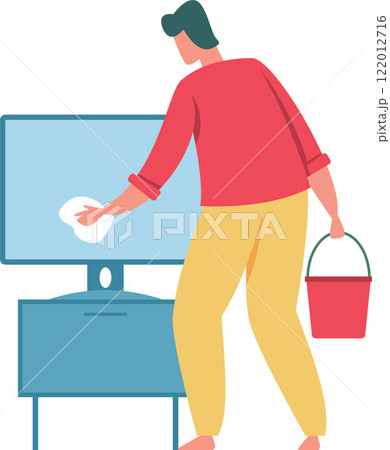 Man carefully wiping computer monitor screen with microfiber cloth, holding red bucket with cleaning solution, ensuring hygiene and clear display Man carefully wiping computer monitor screen with microfiber cloth, holding red bucket with cleaning solution, ensuring hygiene and clear display 122012716