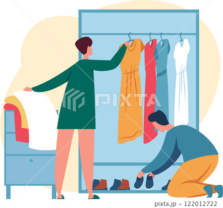 Woman choosing dress from rack and man picking shoes from wardrobe, organizing clothes and footwear in closet, home activity, tidying up, domestic chores, household work, everyday routine Woman choosing dress from rack and man picking shoes from wardrobe, organizing clothes and footwear in closet, home activity, tidying up, domestic chores, household work, everyday routine 122012722