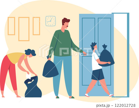 Family members are taking out the garbage bags from home, teaching children housework, waste management and recycling, promoting environmental awareness and family collaboration 122012728