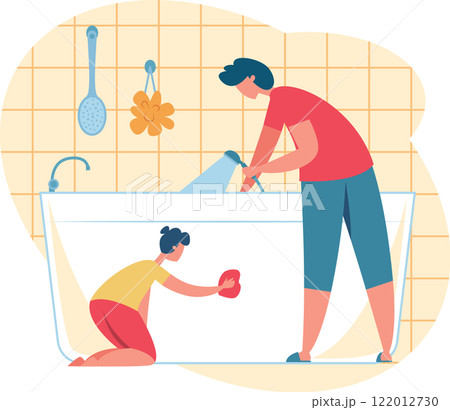Father rinsing bathtub with shower head while son wiping it with sponge, family doing housework together, man and child performing domestic chores, bathroom interior with tiled walls Father rinsing bathtub with shower head while son wiping it with sponge, family doing housework together, man and child performing domestic chores, bathroom interior with tiled walls 122012730