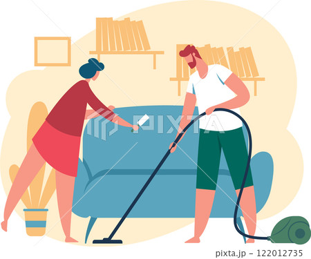 Man using vacuum cleaner and woman cleaning sofa with lint roller, working together to tidy up their living room, depicting household chores and teamwork in maintaining a clean home environment 122012735