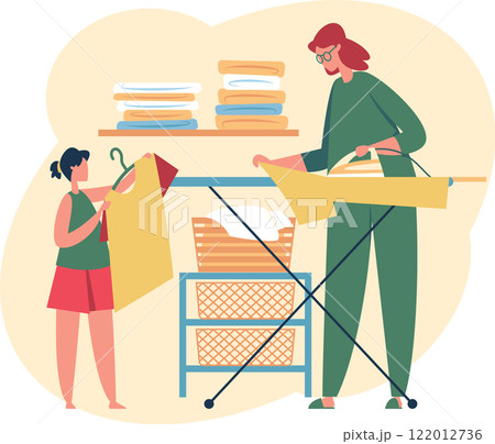 Mother ironing clothes on ironing board and daughter hanging clean laundry on clothes rack. Family doing housework together. Household chores. Housekeeping. Home duties. Routine domestic work concept Mother ironing clothes on ironing board and daughter hanging clean laundry on clothes rack. Family doing housework together. Household chores. Housekeeping. Home duties. Routine domestic work concept 122012736