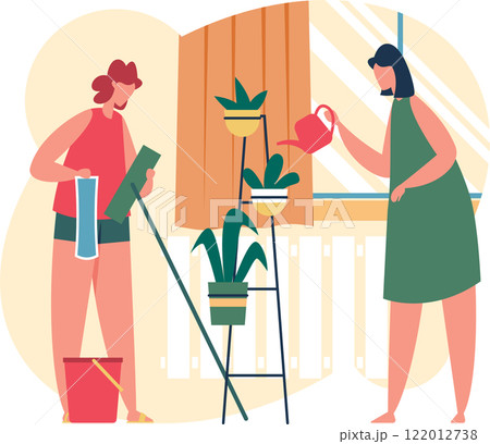 Two women are doing housework, one is cleaning windows with a squeegee and a bucket of water, while the other is watering plants on a metal rack 122012738
