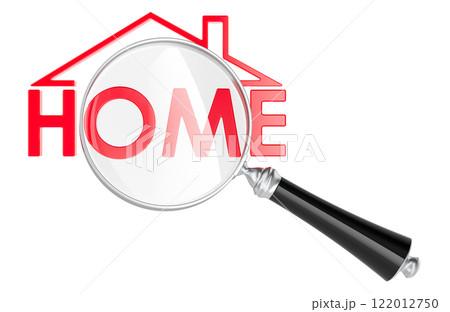 House text with loupe. Finding a home to rent or buy, concept. 3D rendering 122012750