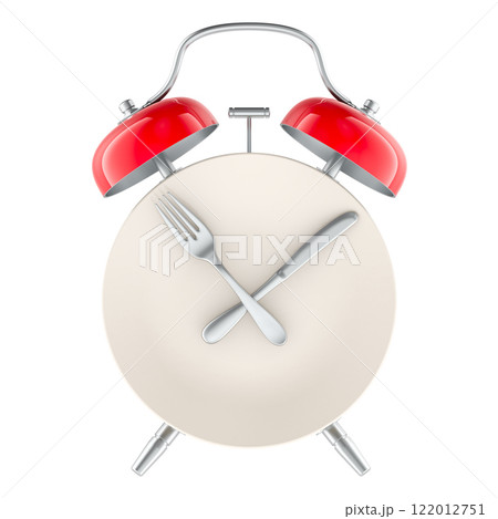 Intermittent fasting, lunchtime, diet and weight loss, concept. Dinner Plate with fork and knife as alarm clock. 3D rendering Intermittent fasting, lunchtime, diet and weight loss, concept. Dinner Plate with fork and knife as alarm clock. 3D rendering 122012751