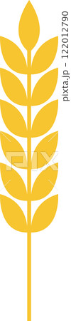 Stylized wheat stalk featuring vibrant yellow leaves and a sturdy stem, growing against a clean white background, symbolizing agriculture, farming, and food production 122012790