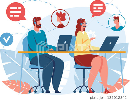 Call center operators wearing headsets are working with laptops and talking to clients, providing online customer service and technical support 122012842