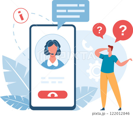 Online support center operator helping customer solving problems using mobile app and providing technical assistance, troubleshooting and information to client Online support center operator helping customer solving problems using mobile app and providing technical assistance, troubleshooting and information to client 122012846