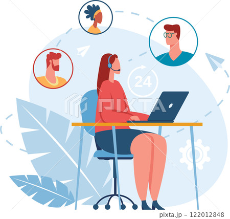 Friendly female call center agent providing 24h online customer service, using laptop and headset, talking with clients, sending and receiving emails, solving problems and giving support Friendly female call center agent providing 24h online customer service, using laptop and headset, talking with clients, sending and receiving emails, solving problems and giving support 122012848
