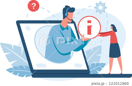 Online support operator with headset working with laptop and providing information to customer asking help, online information, technical support, call center, frequently asked questions concept 122012860