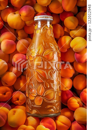 apricot juice in bottle around ripe abandoned apricots background. Digital artwork. Ai generated 122012948